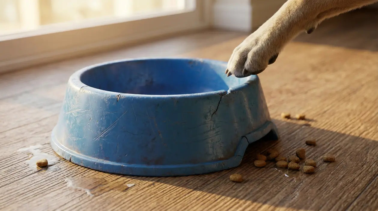 Ciotola di plastica graffiata con zampa di cane, crocchette sparse e pavimento bagnato
