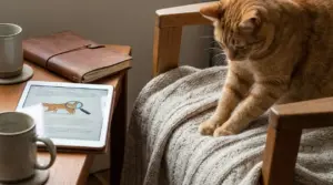 Gatto arancione che impasta con le zampe su una coperta su una poltrona