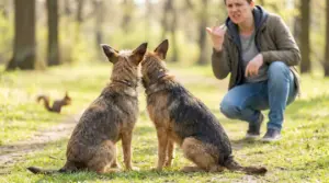 Persona che cerca di richiamare due cani seduti in un parco