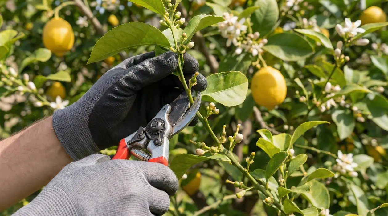 Mani con guanti che potano un ramo di limone con forbici da giardinaggio