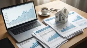 Grafici con previsioni immobiliari su un laptop e su documenti, accanto a una tazza di caffè e una casetta decorativa.