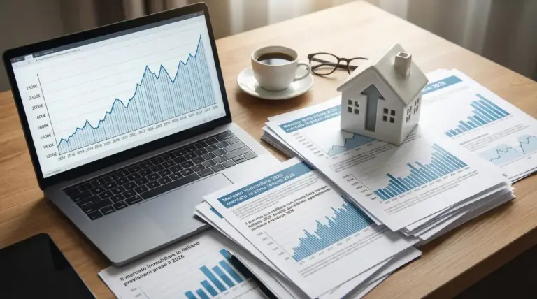 Grafici con previsioni immobiliari su un laptop e su documenti, accanto a una tazza di caffè e una casetta decorativa.