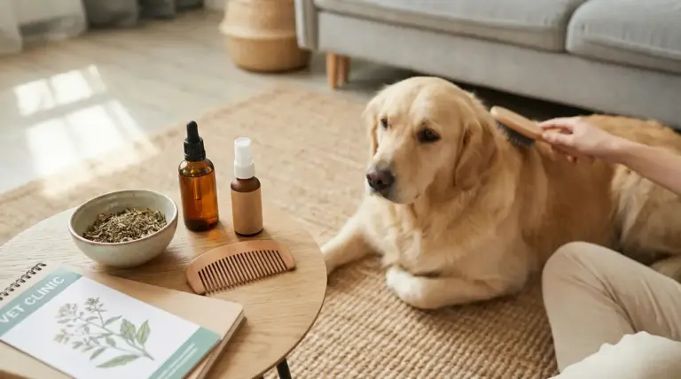 Cane sdraiato su tappeto mentre una persona lo spazzola con prodotti naturali sul tavolo