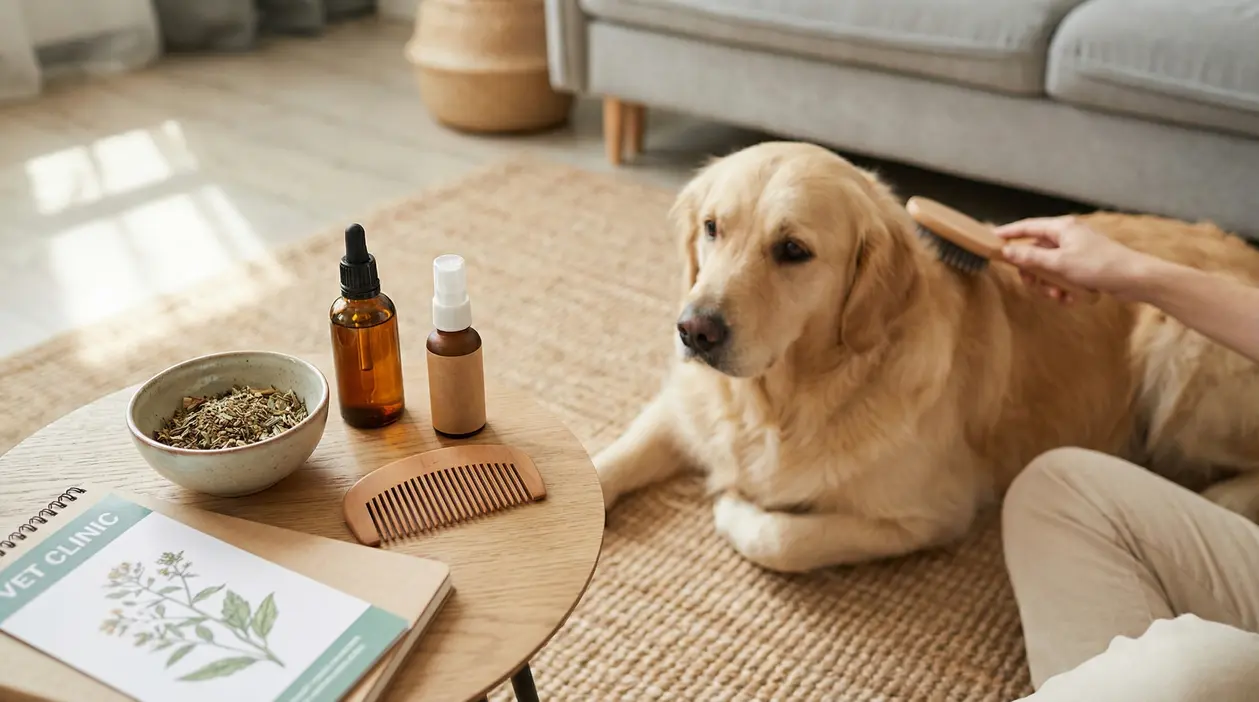 Cane sdraiato su tappeto mentre una persona lo spazzola con prodotti naturali sul tavolo