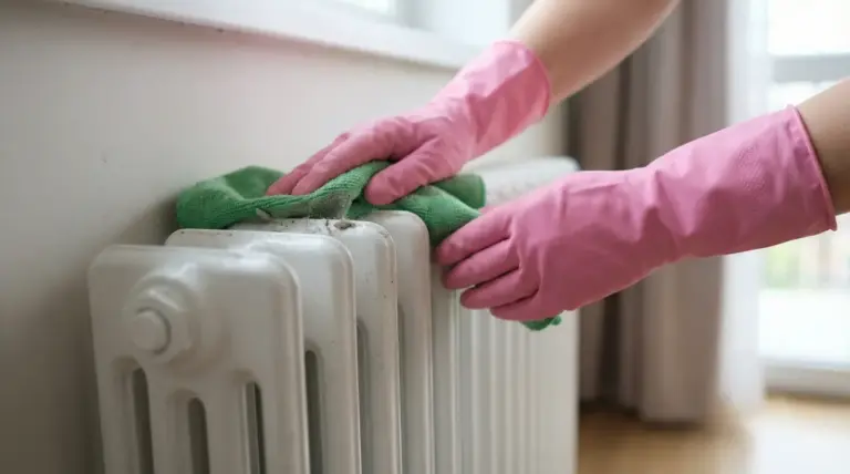 Mani con guanti rosa puliscono un termosifone bianco con un panno verde