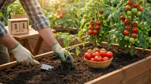 Persona che pianta una piantina di pomodoro in un orto rialzato accanto a piante mature e pomodori raccolti