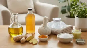 Rimedi naturali come zenzero, olio, curcuma e impacchi su un tavolo in ambiente domestico