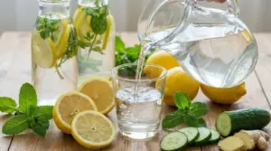 Acqua versata in un bicchiere con limoni, cetriolo, zenzero e menta su un tavolo di legno