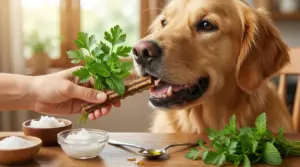 Cane che annusa uno snack con erbe naturali come menta e prezzemolo su un tavolo