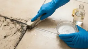 Pulizia delle fughe sporche di un pavimento con spazzola e rimedio naturale