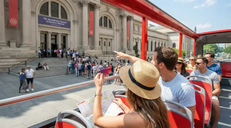 Turisti su un bus turistico osservano un museo e mostrano una city card e una mappa