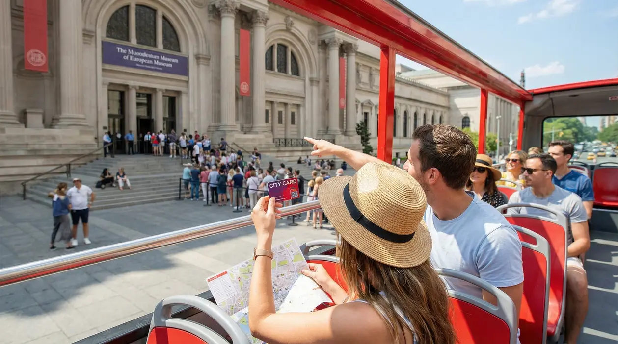Turisti su un bus turistico osservano un museo e mostrano una city card e una mappa