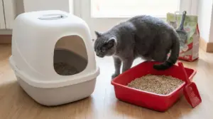 Gatto vicino a due lettiere, una aperta e una chiusa, su un pavimento di legno