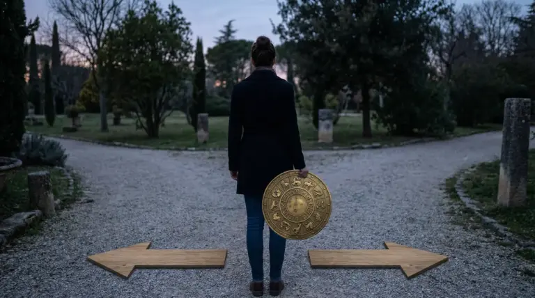 Persona di spalle su un bivio con in mano un disco zodiacale