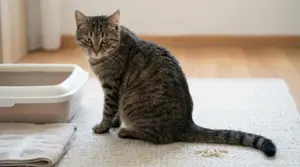 Gatto tigrato seduto vicino a una lettiera e a dei vermi su un tappeto chiaro