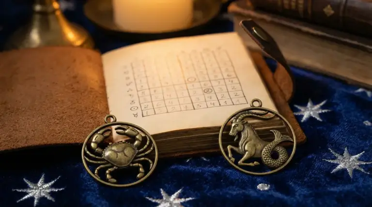 Due ciondoli zodiacali su un libro aperto con simboli astrologici e una candela accesa