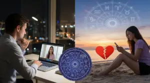 Due persone distanti comunicano virtualmente con elementi zodiacali e cuore spezzato