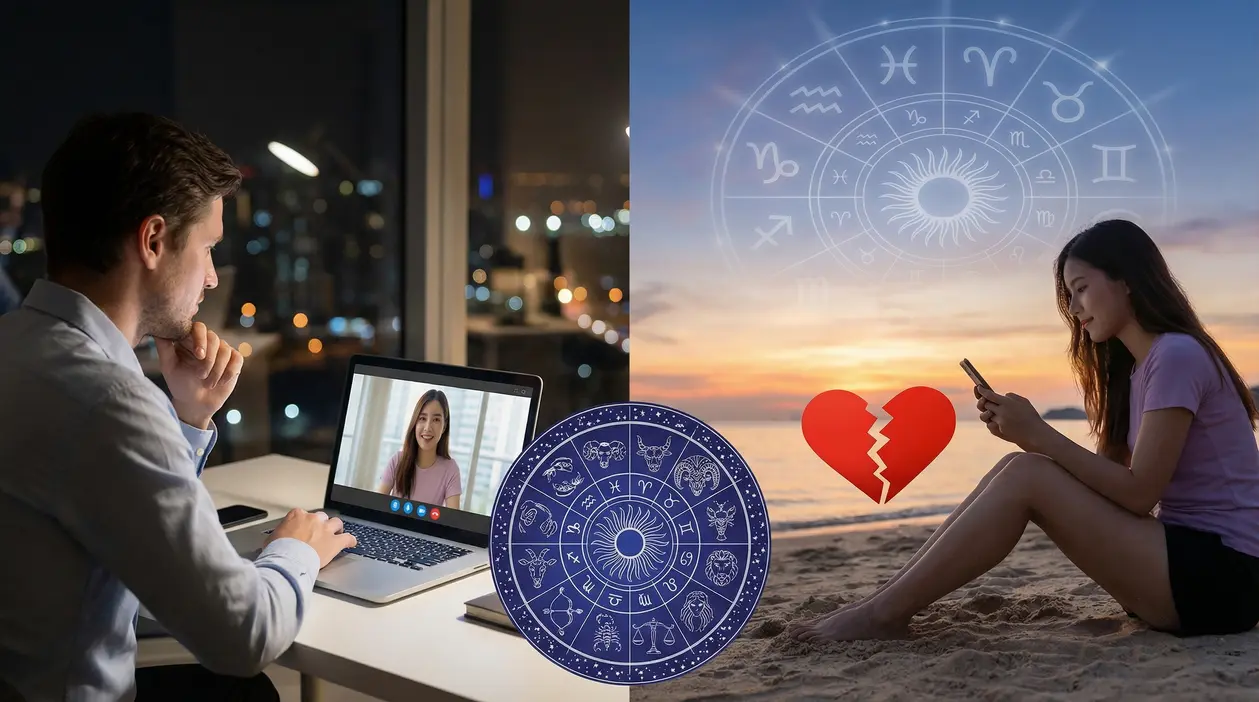 Due persone distanti comunicano virtualmente con elementi zodiacali e cuore spezzato