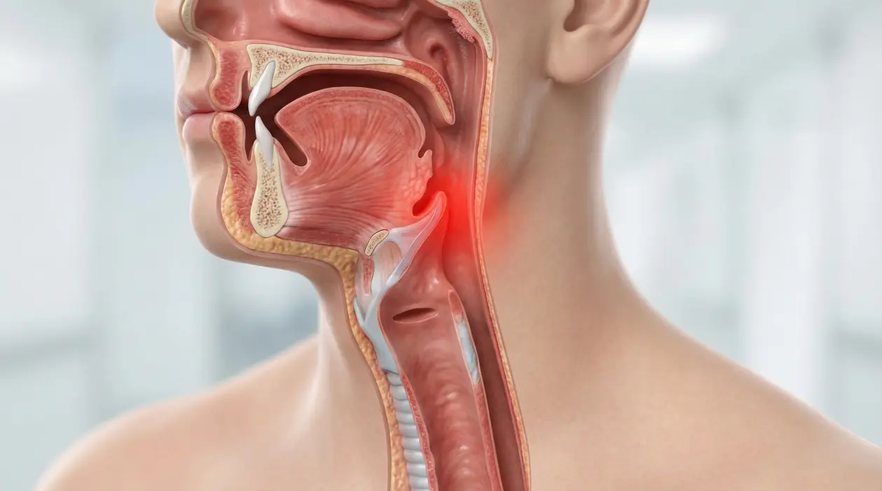 Illustrazione medica di una sezione del tratto gola-naso evidenziando un'area infiammata