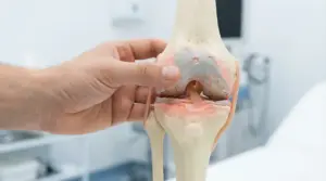Modello anatomico di un ginocchio con cartilagine danneggiata tenuto da una mano