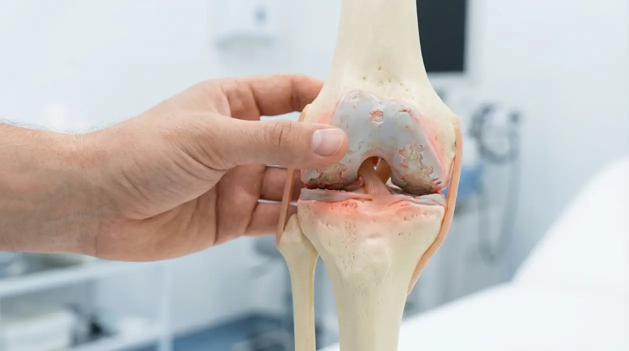 Modello anatomico di un ginocchio con cartilagine danneggiata tenuto da una mano