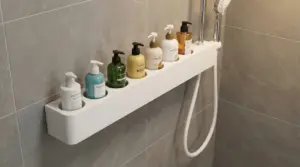 Mensola da doccia con flaconi ordinati in un supporto design montato a parete