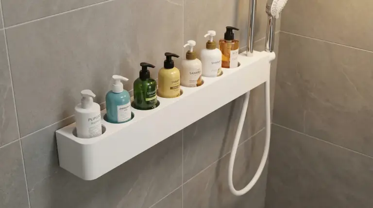 Mensola da doccia con flaconi ordinati in un supporto design montato a parete