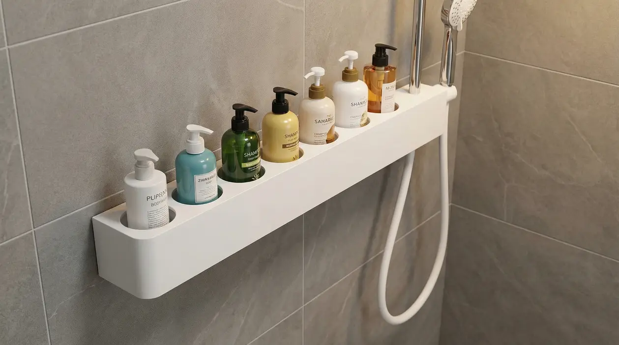 Mensola da doccia con flaconi ordinati in un supporto design montato a parete