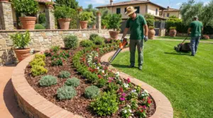 Giardinieri al lavoro su un'aiuola ordinata con fiori colorati in un giardino curato