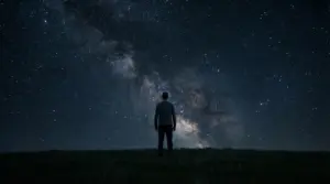 Persona osserva il cielo stellato durante la notte da un campo buio