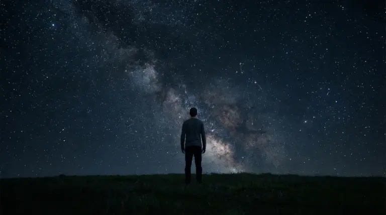 Persona osserva il cielo stellato durante la notte da un campo buio