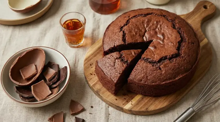 Torta al cioccolato su tagliere con pezzi di uovo di Pasqua accanto