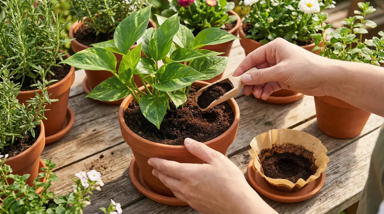Mani che aggiungono fondi di caffè a una pianta in vaso su un tavolo da giardinaggio