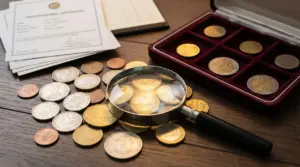 Monete da collezione su un tavolo con lente d'ingrandimento e valutazione professionale