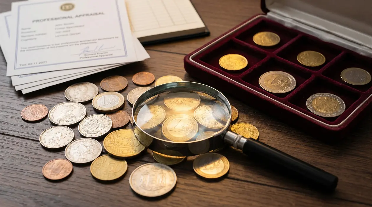 Monete da collezione su un tavolo con lente d'ingrandimento e valutazione professionale