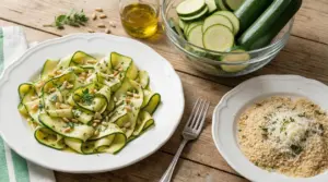 Piatto di zucchine tagliate sottili con pinoli, accanto ingredienti freschi su un tavolo rustico