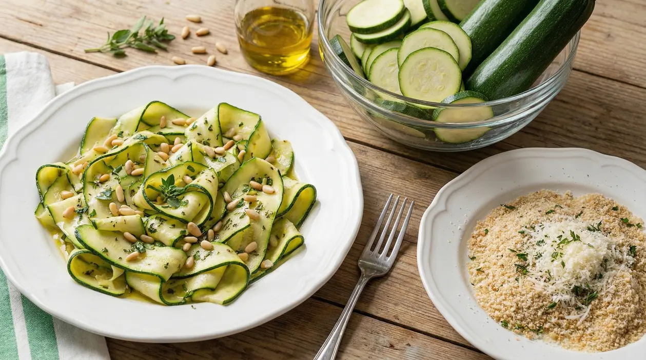 Piatto di zucchine tagliate sottili con pinoli, accanto ingredienti freschi su un tavolo rustico